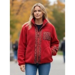 TRU LUXE JEANS Red Sherpa Fleece Jacket Leopard Print Accents Women's Size S